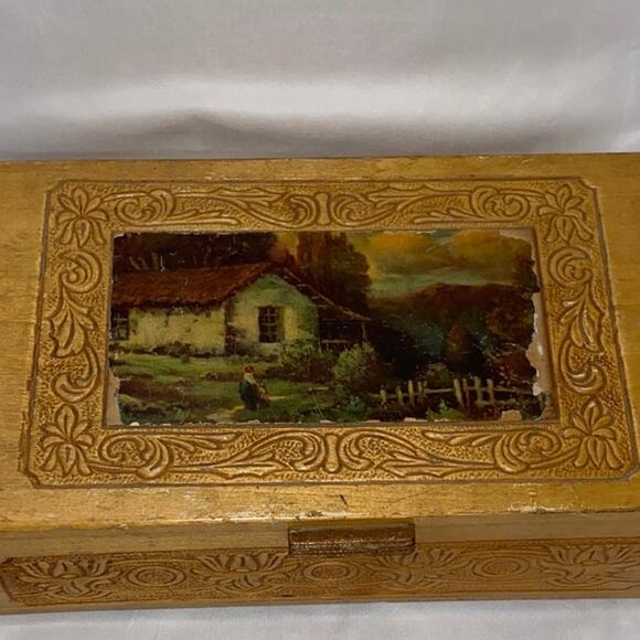 Vintage Wood Footed Jewelry Chocolate Keepsake Trinket Box Carved Mirror Hinged - Picture 13 of 13